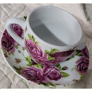 Unbranded Ceramic Demitasse Cup Saucer Espresso Purple Roses  Cottagecore NOS